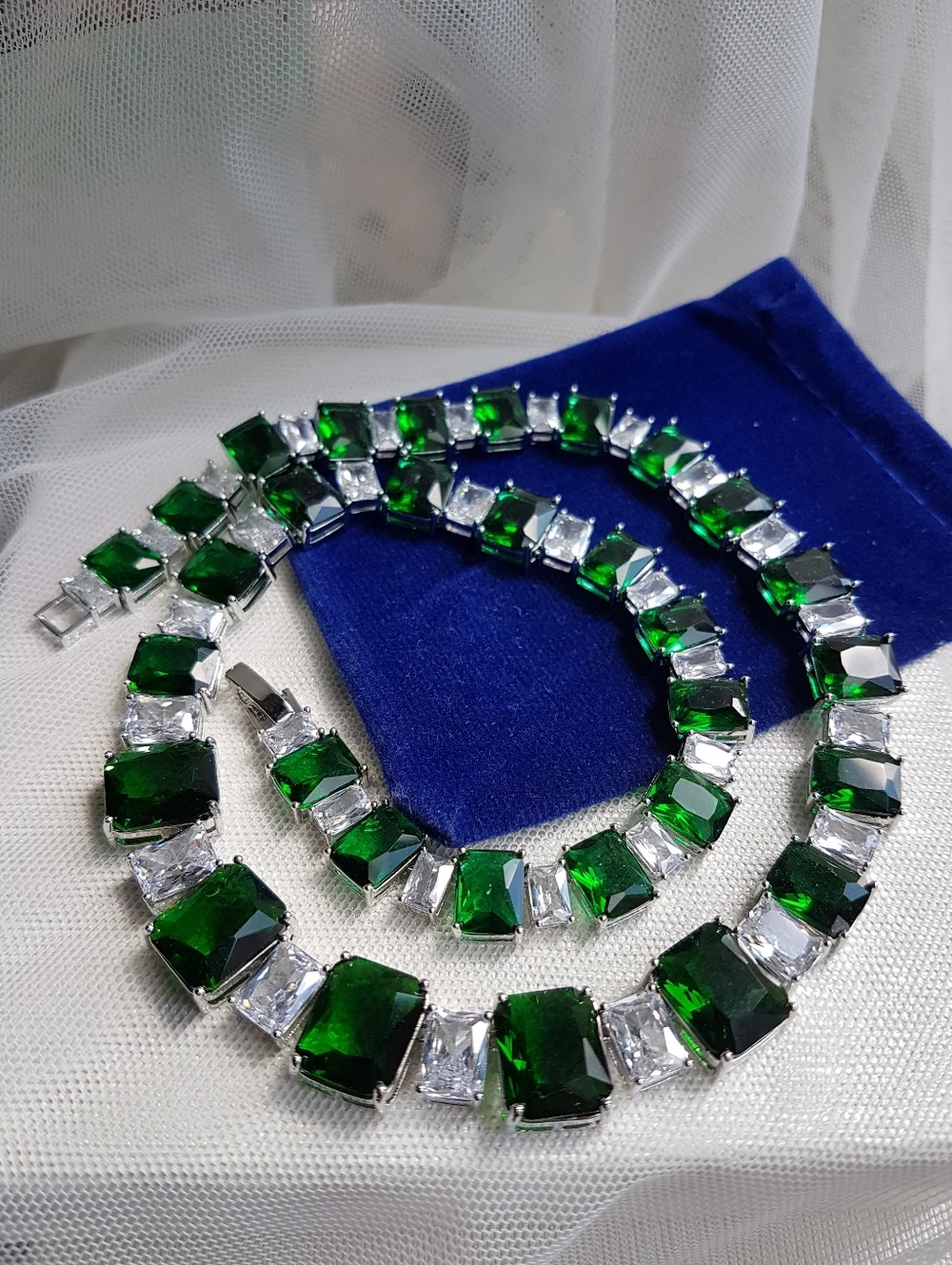 Swarovski Elements Emerald Green & Clear Square Gemstone Statement Necklace NEW